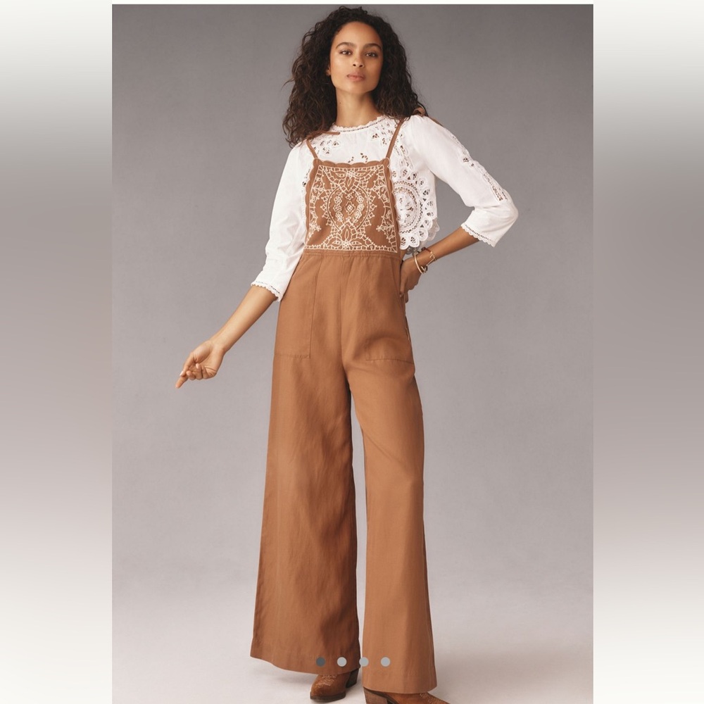 Anthropologie Embroidered Linen Overalls